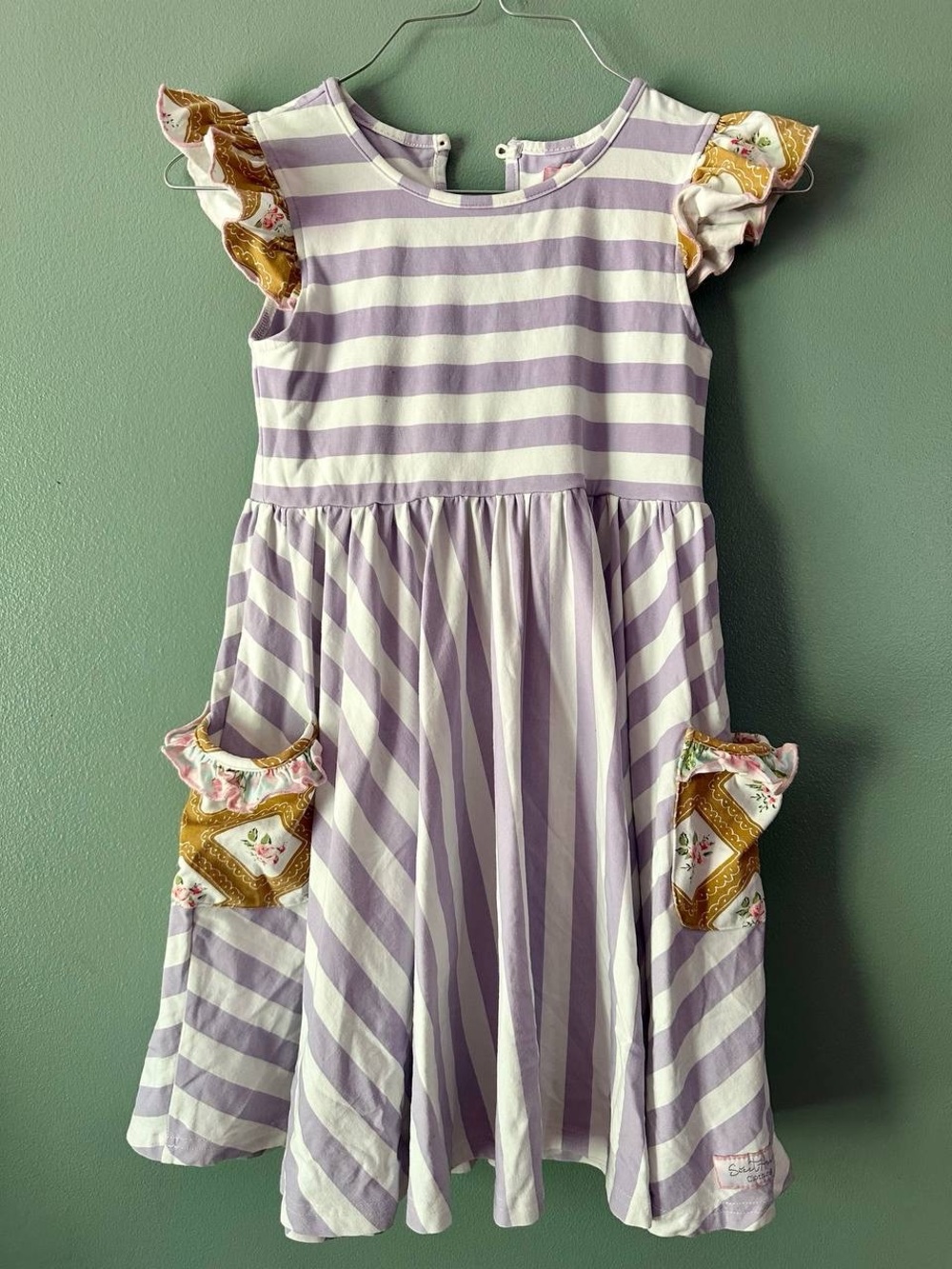 SweetHoney Girls' Lavender Striped Ruffle Pocket Dress (Size:10)